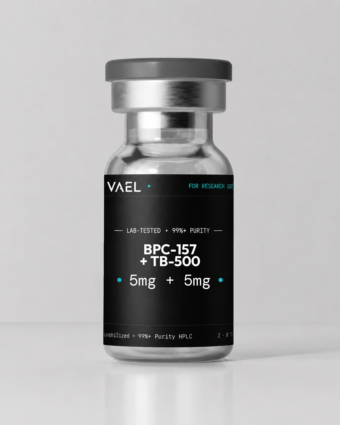 VAEL BPC-157 + TB-500 5mg + 5mg — clear glass research vial with grey crimp cap and black VAEL label. For laboratory research use only, not for human consumption.