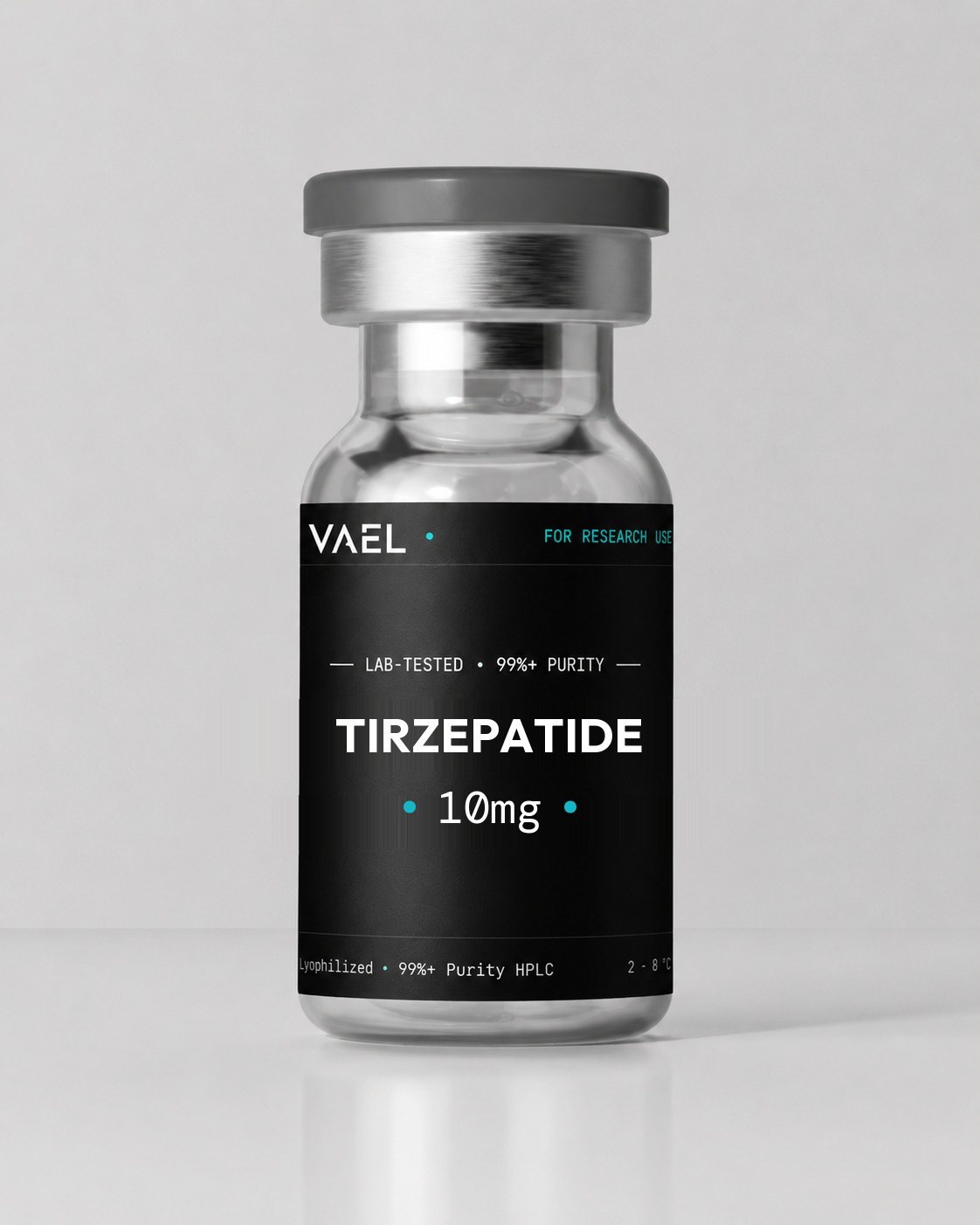 VAEL Tirzepatide 10mg — clear glass research vial with grey crimp cap and black VAEL label. For laboratory research use only, not for human consumption.